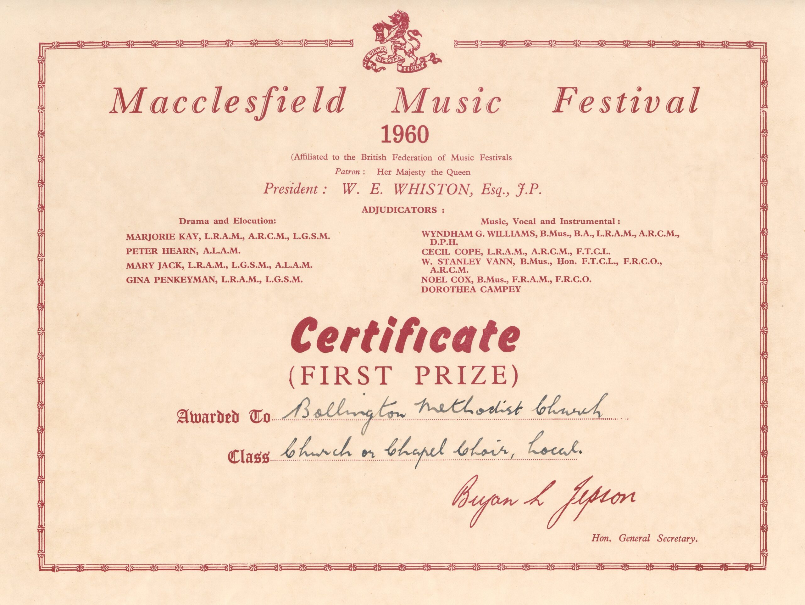 Methodist choir certificate